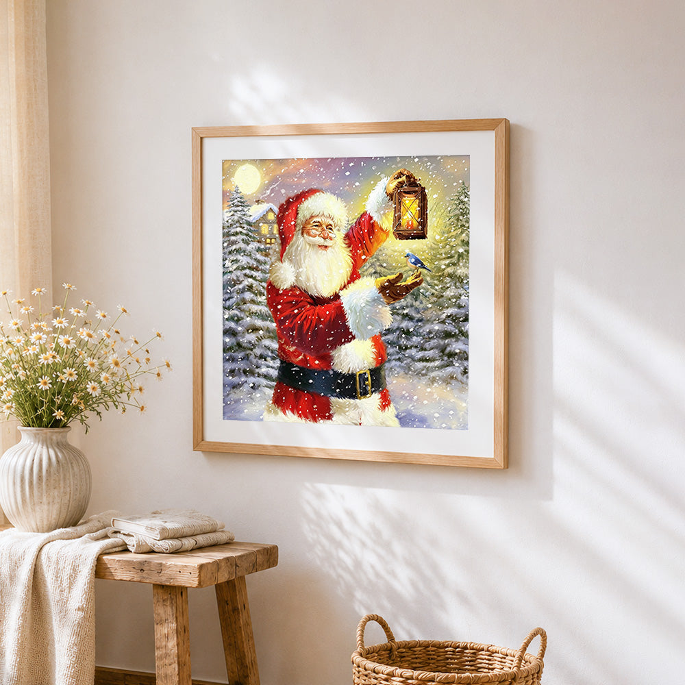 Santa claus with lantern paint by numbers artwork displayed on wall as home decor