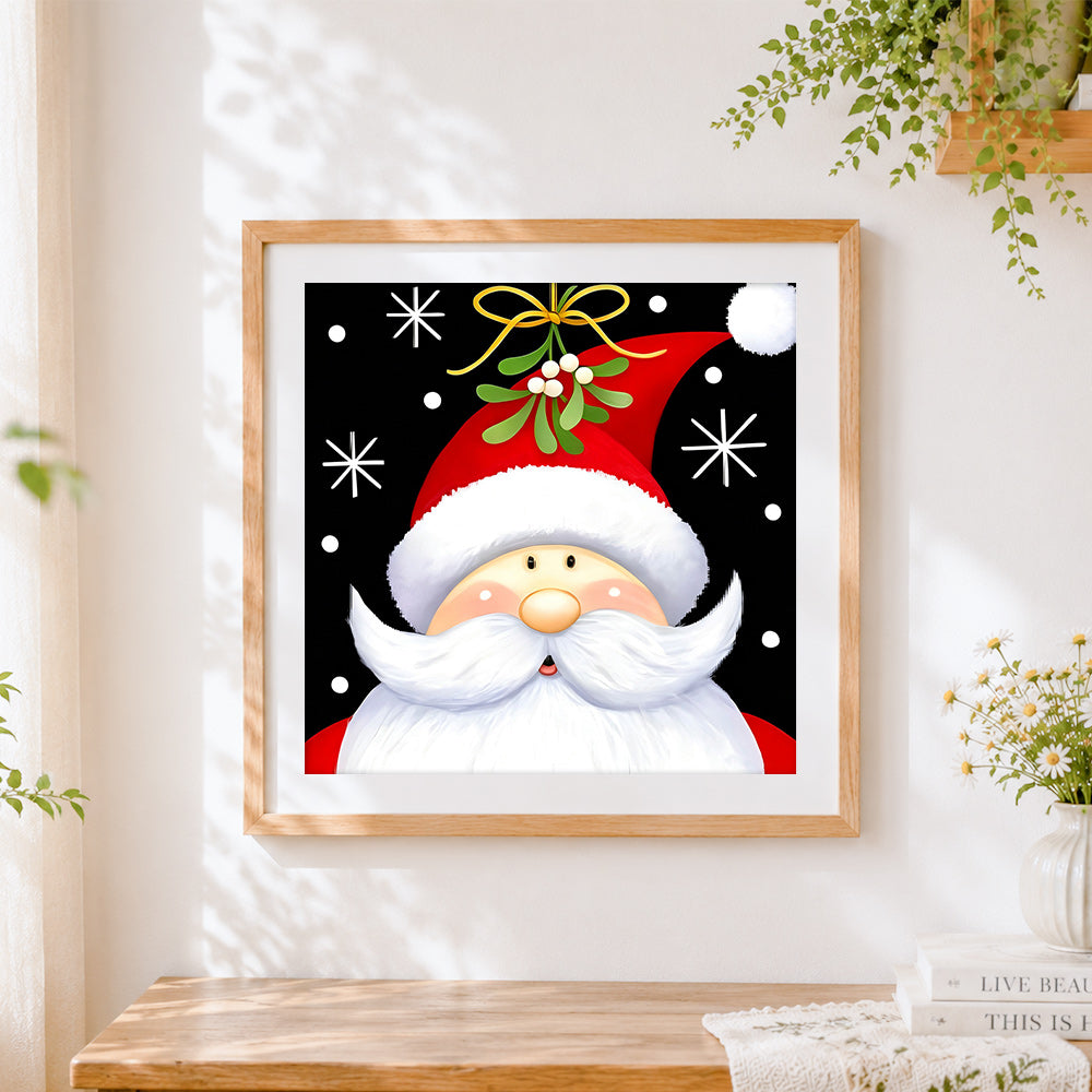 Finished santa claus with mistletoe and santa hat cross stitch artwork displayed