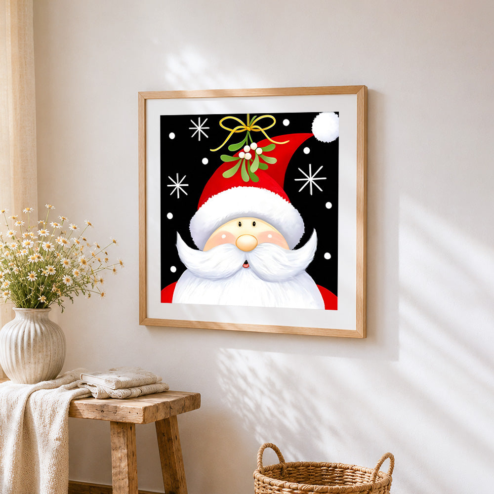 Santa claus with mistletoe and santa hat paint by numbers artwork displayed on wall as home decor