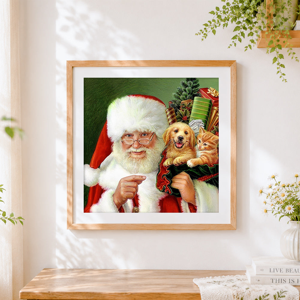 Finished santa claus with puppy and kitten paint by numbers artwork displayed as home decor
