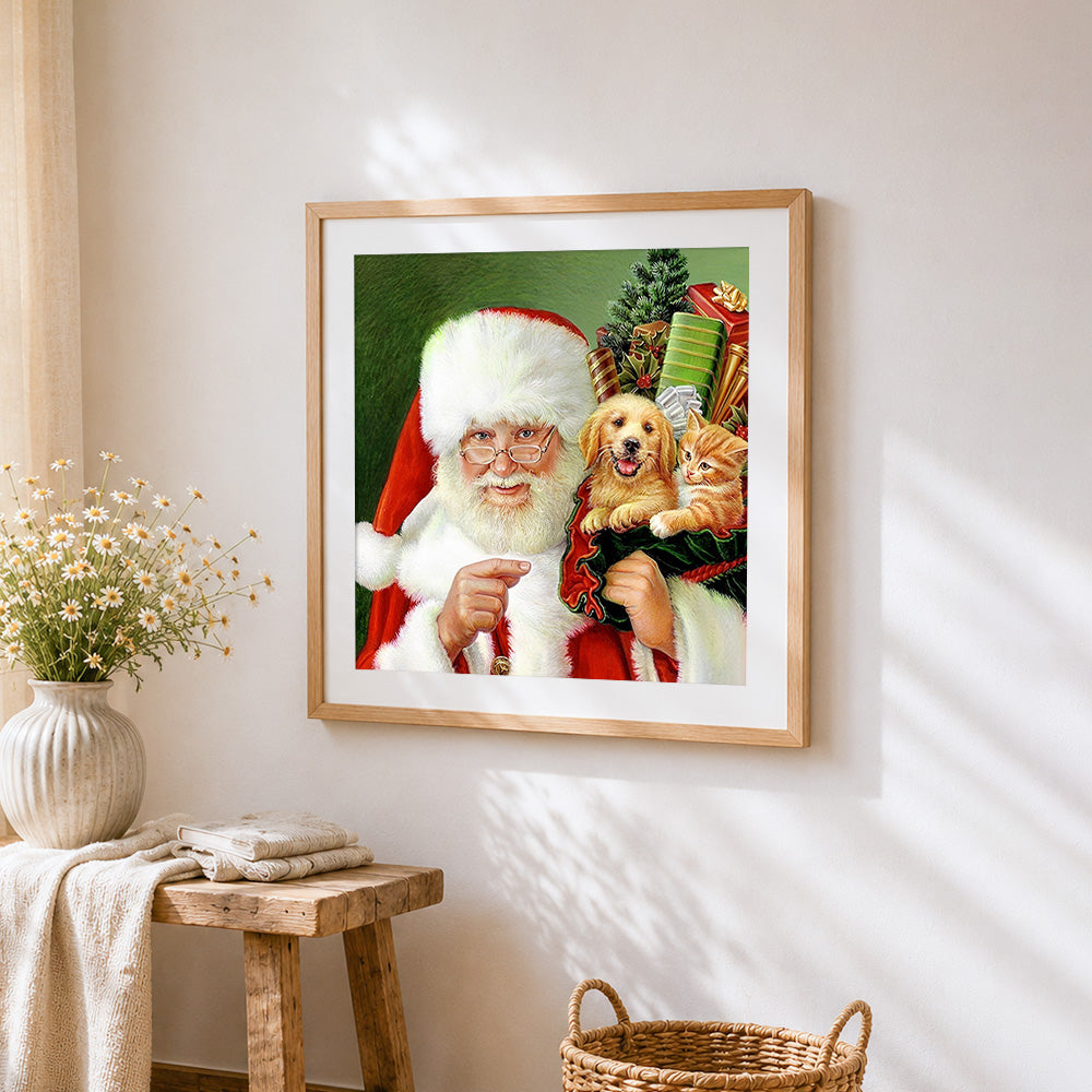 Santa claus with puppy and kitten paint by numbers artwork displayed on wall as home decor