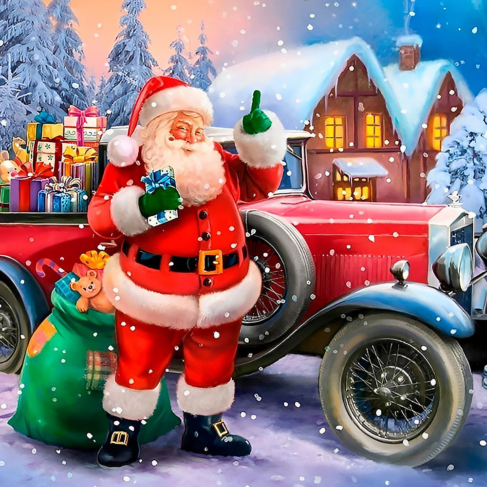 Santa claus with red vintage car cross stitch kit for beginners