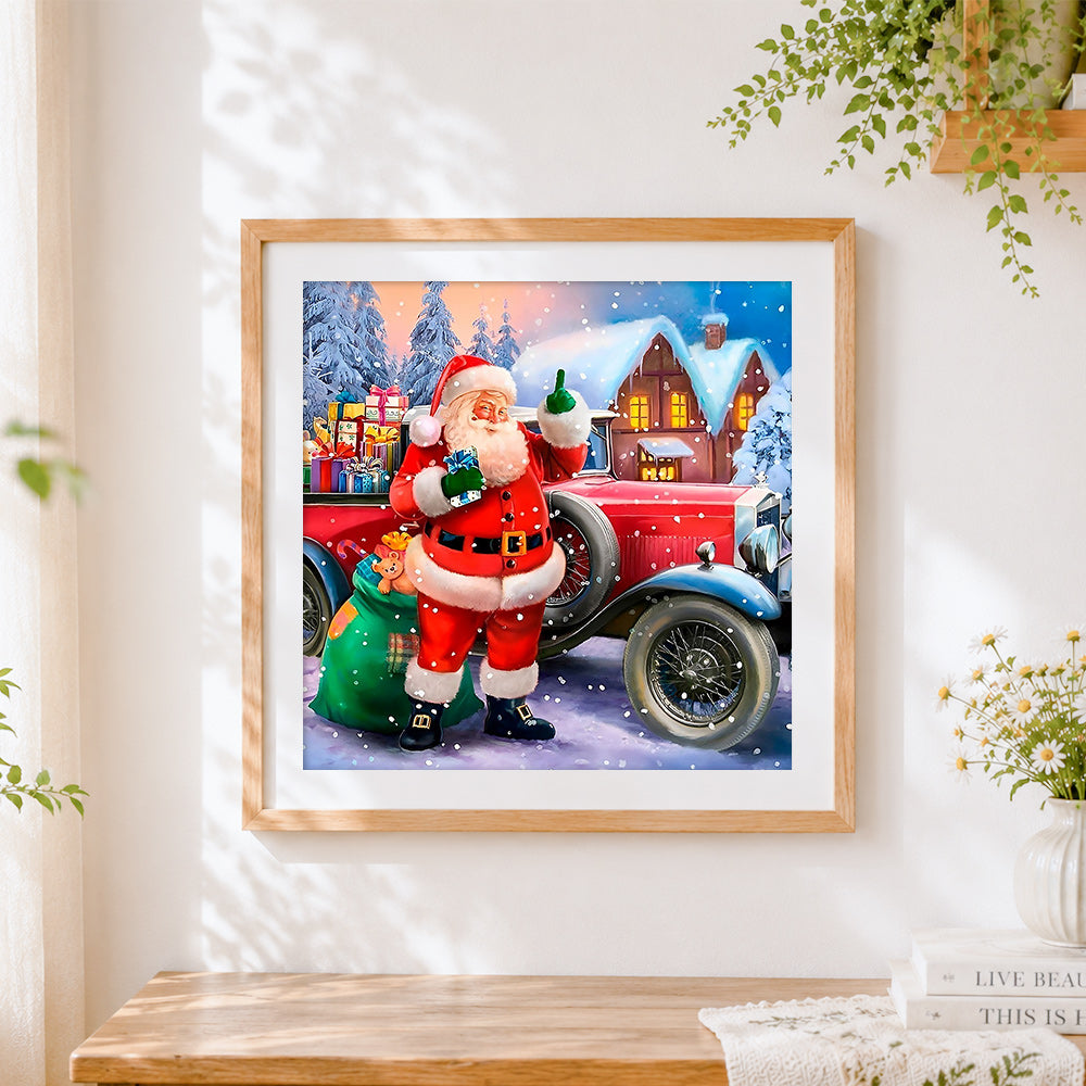 Finished santa claus with red vintage car paint by numbers artwork displayed as home decor