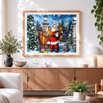Finished santa claus with reindeer and lantern cross stitch artwork displayed