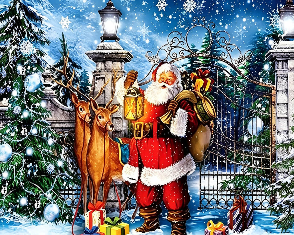 Santa claus with reindeer and lantern cross stitch kit for beginners