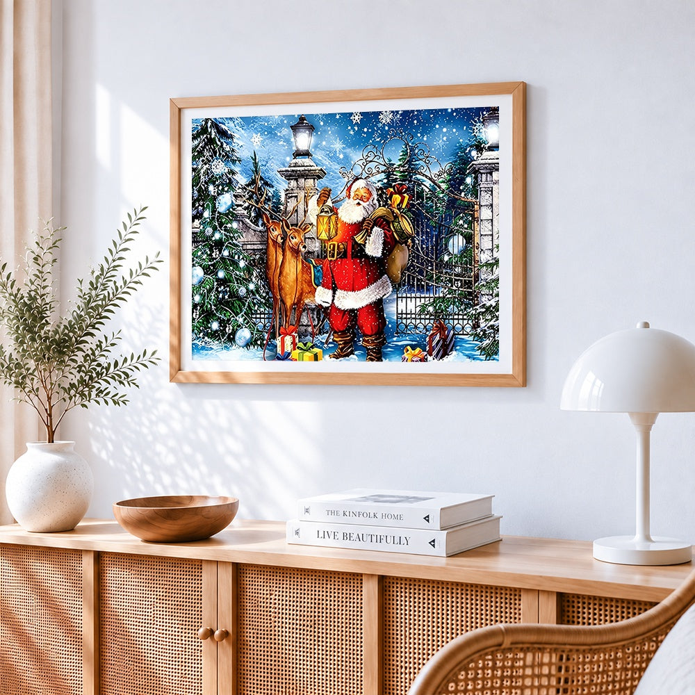 Santa claus with reindeer and lantern cross stitch artwork displayed on wall as home decor