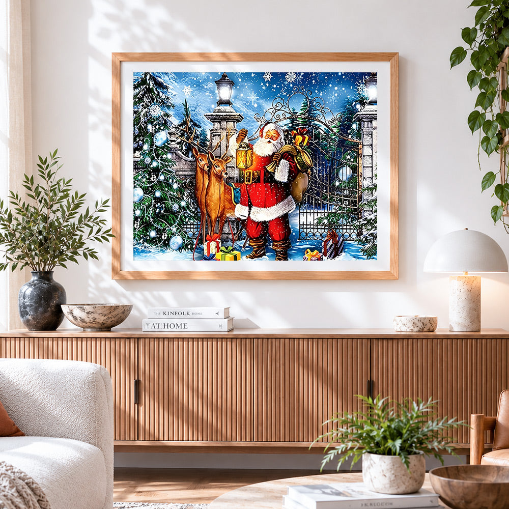 Finished santa claus with reindeer and lantern paint by numbers artwork displayed as home decor