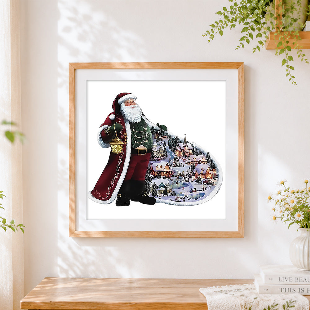 Finished santa claus with snowy village cape cross stitch artwork displayed