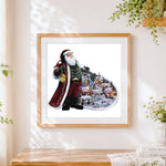 Finished santa claus with snowy village cape cross stitch artwork displayed