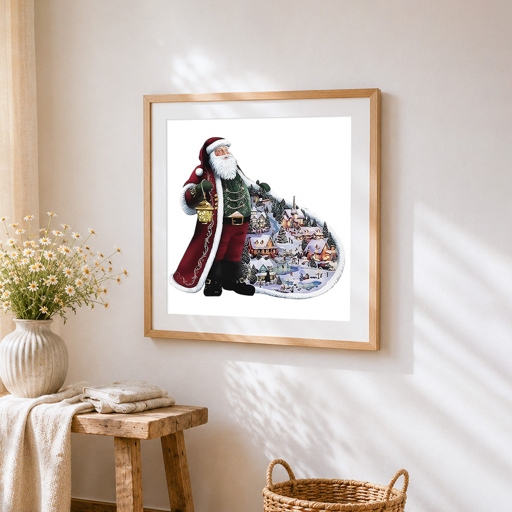 Santa claus with snowy village cape cross stitch artwork displayed on wall as home decor