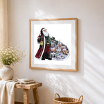 Santa claus with snowy village cape paint by numbers artwork displayed on wall as home decor