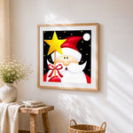 Santa claus holding a golden star cross stitch artwork displayed on wall as home decor