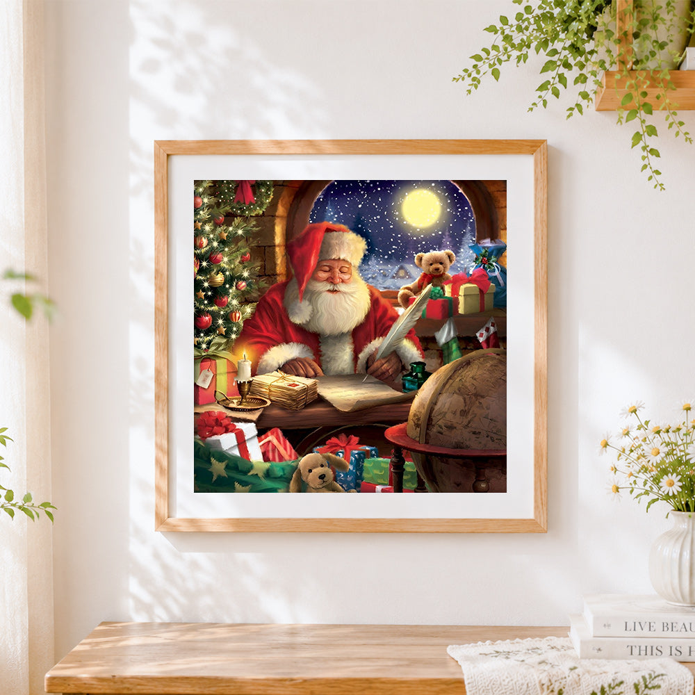 Finished santa claus writing letters by moonlight cross stitch artwork displayed