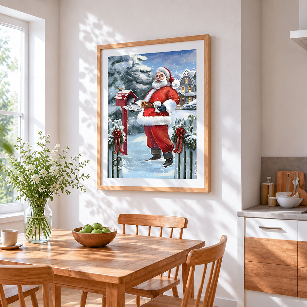 Santa collecting letters from a red postbox cross stitch artwork displayed on wall as home decor