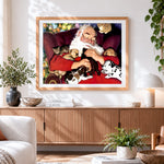 Finished santa cuddling puppies and kittens cross stitch artwork displayed
