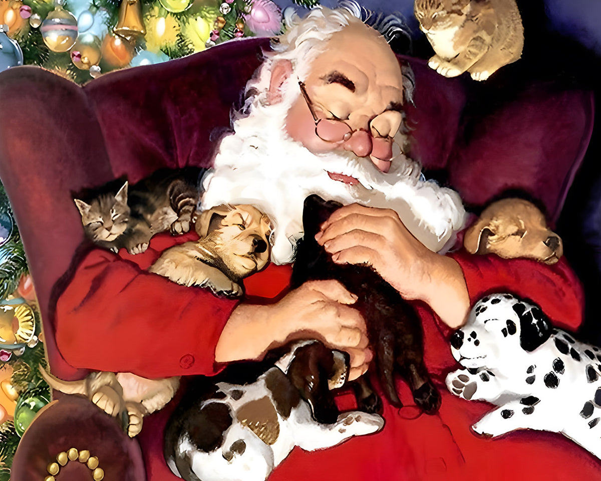 Santa cuddling puppies and kittens cross stitch kit for beginners