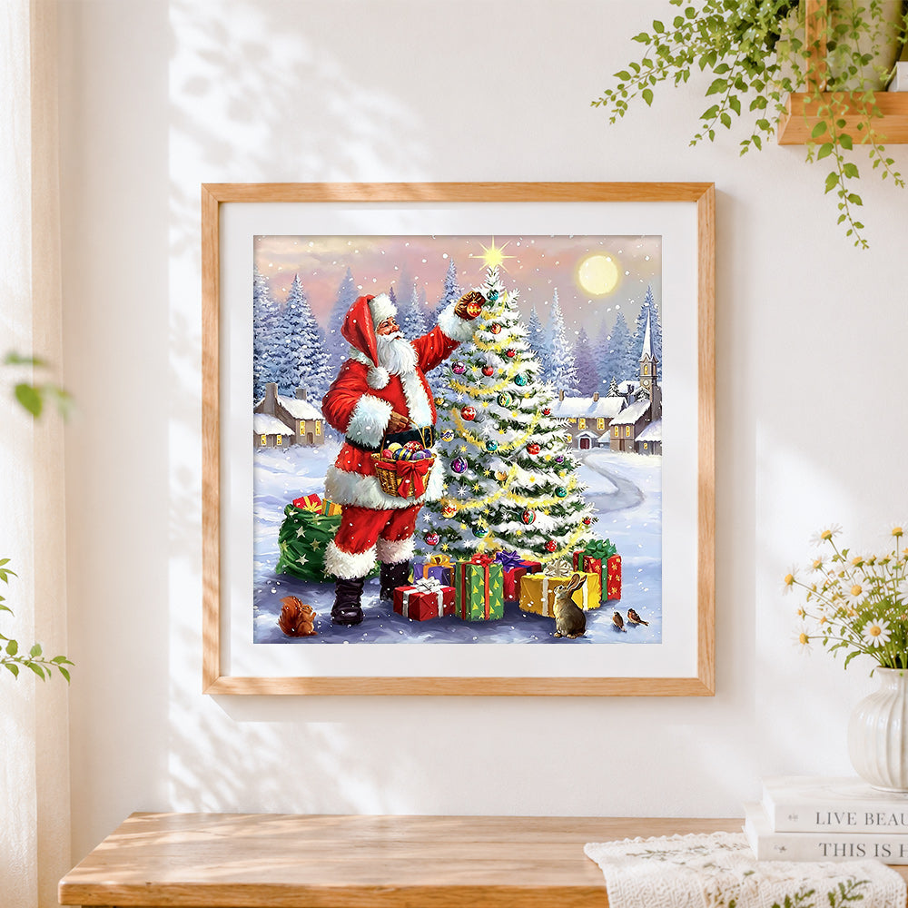 Finished santa decorating a snowy christmas tree cross stitch artwork displayed