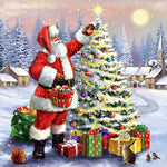 Santa decorating a snowy christmas tree cross stitch kit for beginners