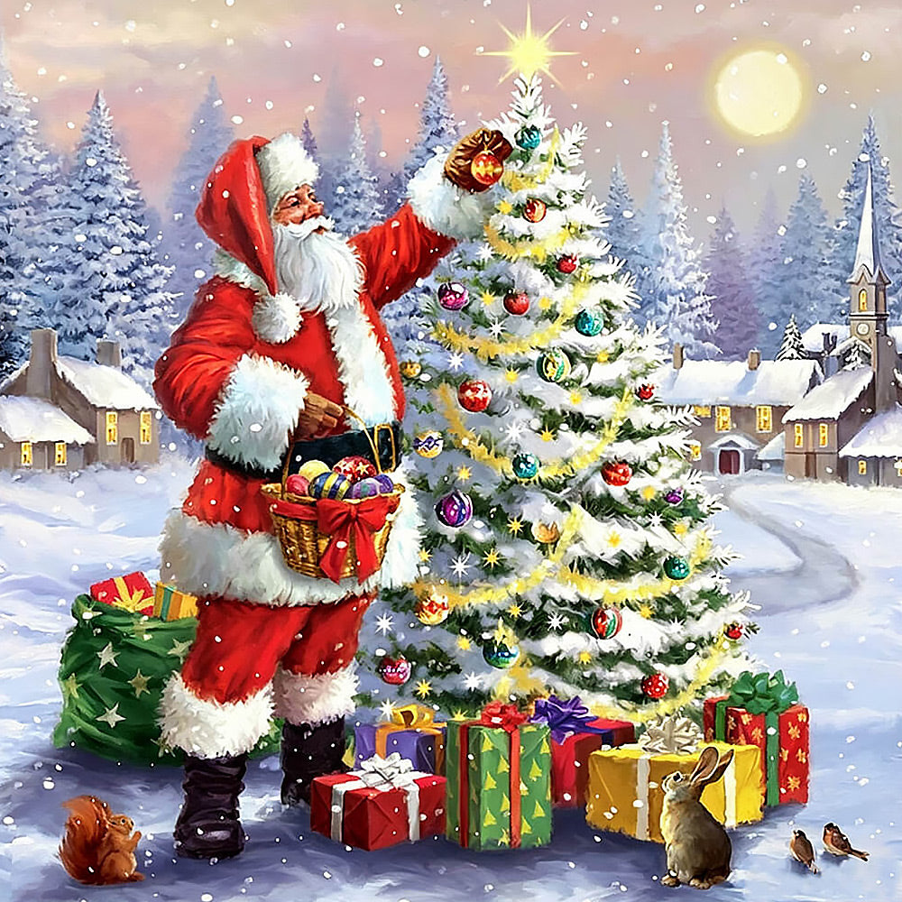 Santa decorating a snowy christmas tree cross stitch kit for beginners