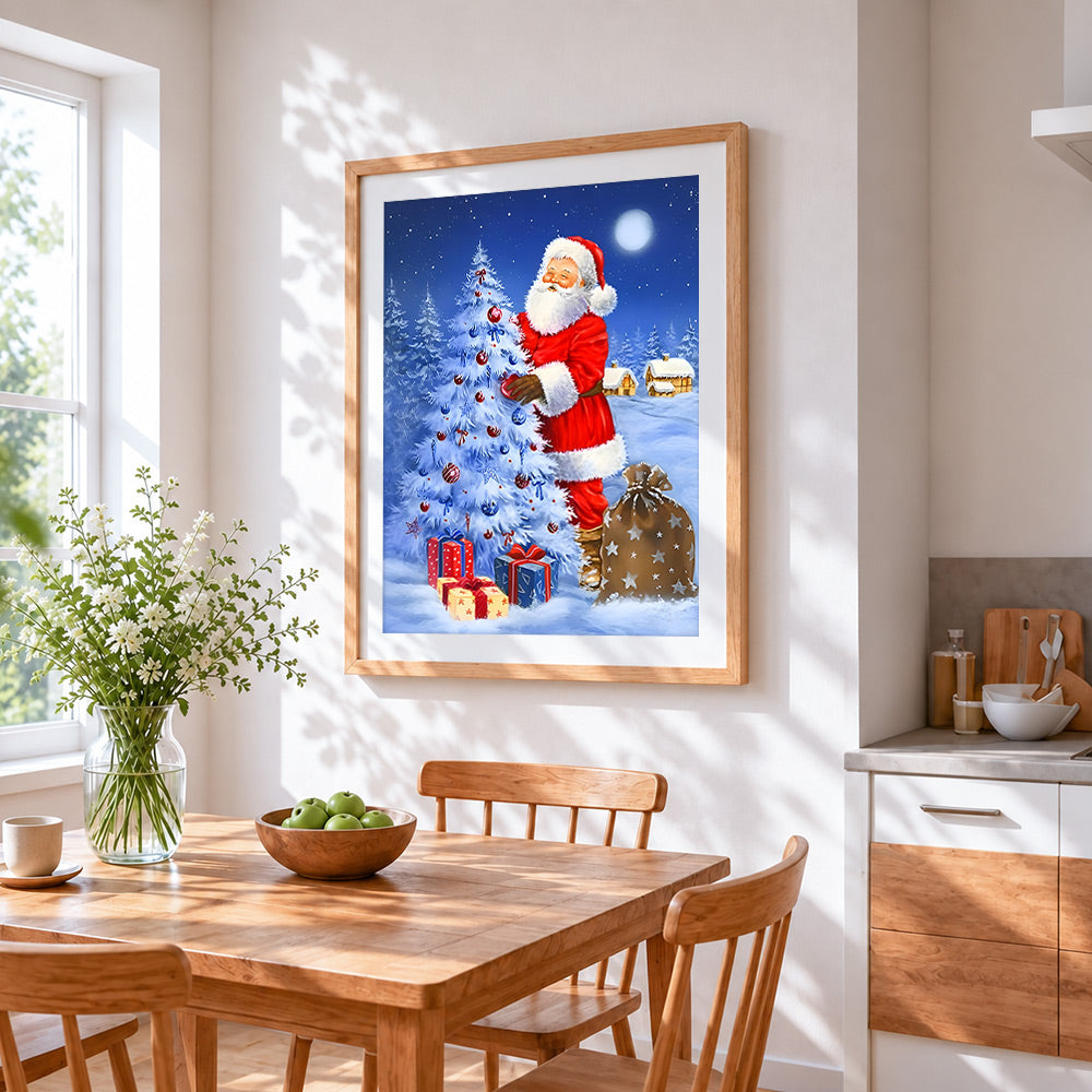 Santa decorating tree in moonlight cross stitch artwork displayed on wall as home decor