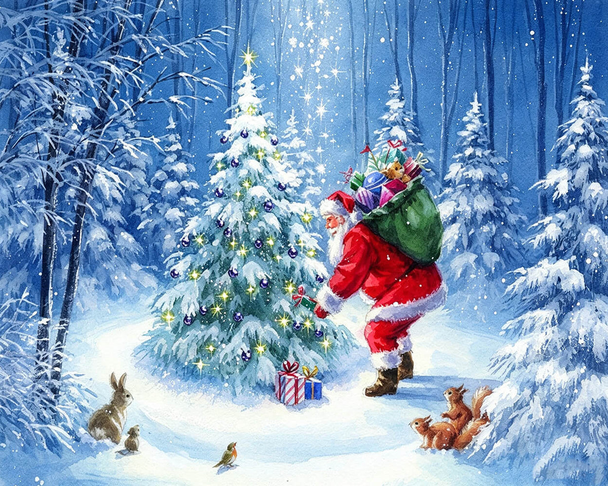 Santa decorating tree with wildlife cross stitch kit for beginners