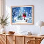Santa decorating tree with wildlife cross stitch artwork displayed on wall as home decor