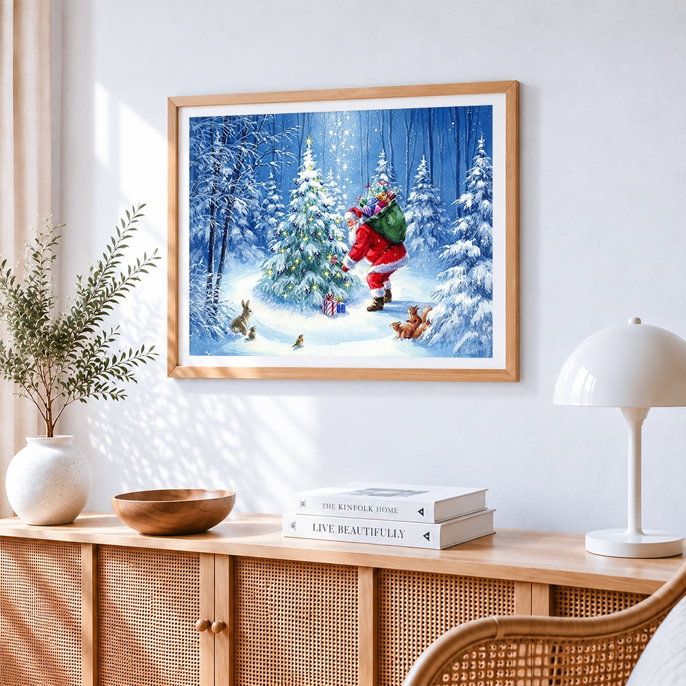 Santa decorating tree with wildlife cross stitch artwork displayed on wall as home decor