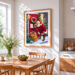 Santa delivering presents at red door cross stitch artwork displayed on wall as home decor
