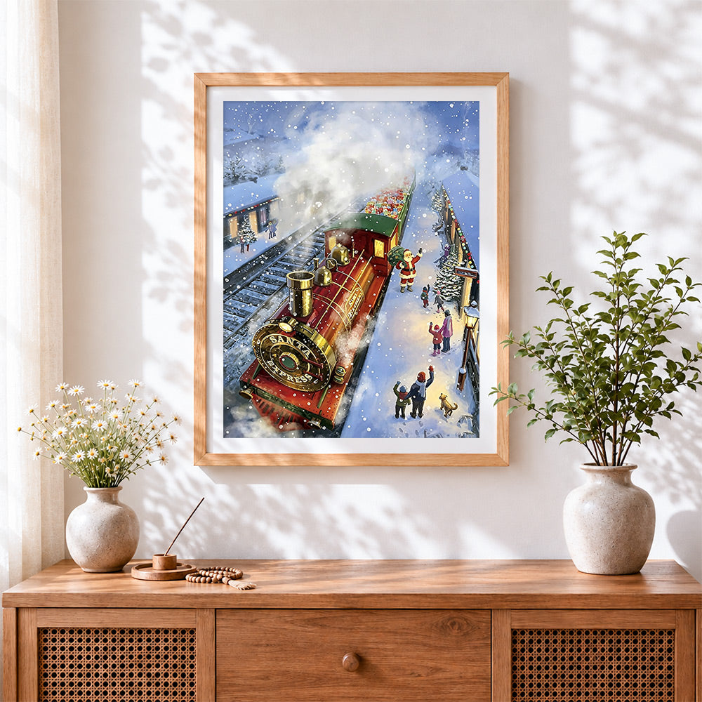 Finished santa express train at a snowy station cross stitch artwork displayed