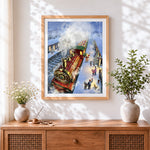 Finished santa express train at a snowy station cross stitch artwork displayed