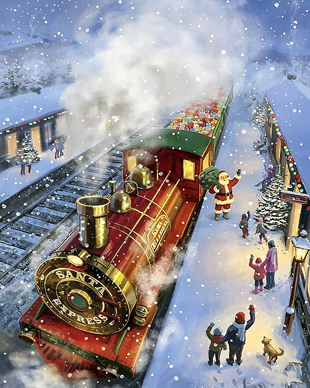 Santa express train at a snowy station cross stitch kit for beginners