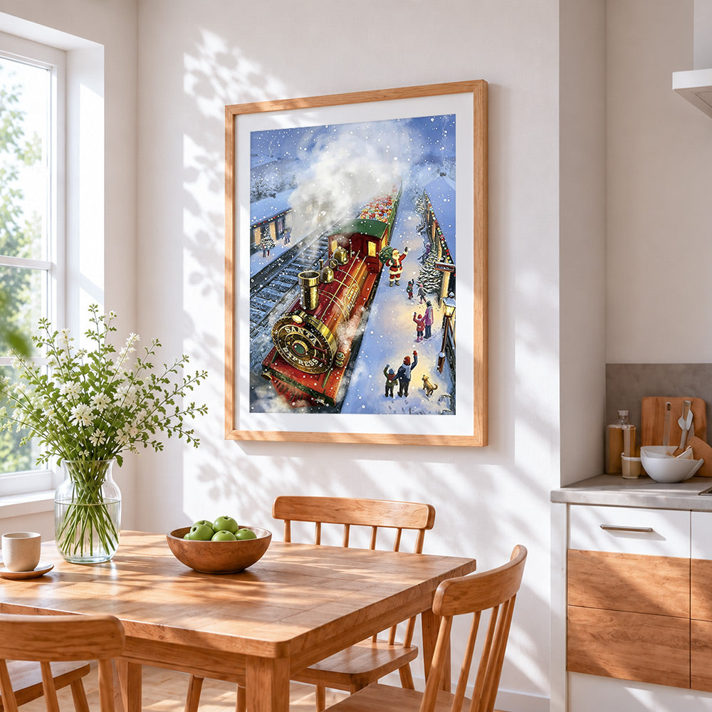 Santa express train at a snowy station cross stitch artwork displayed on wall as home decor