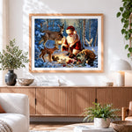 Finished santa feeding deer and wildlife in snow cross stitch artwork displayed