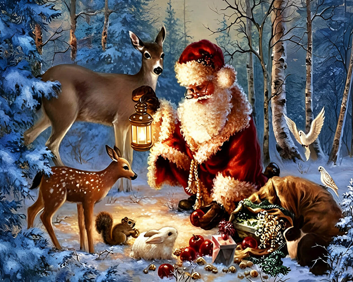Santa feeding deer and wildlife in snow cross stitch kit for beginners