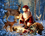 Santa feeding deer and wildlife in snow cross stitch kit for beginners
