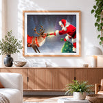 Finished santa feeding reindeer a treat cross stitch artwork displayed