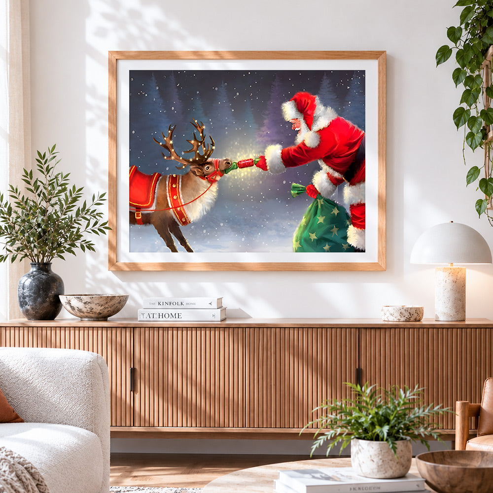 Finished santa feeding reindeer a treat cross stitch artwork displayed