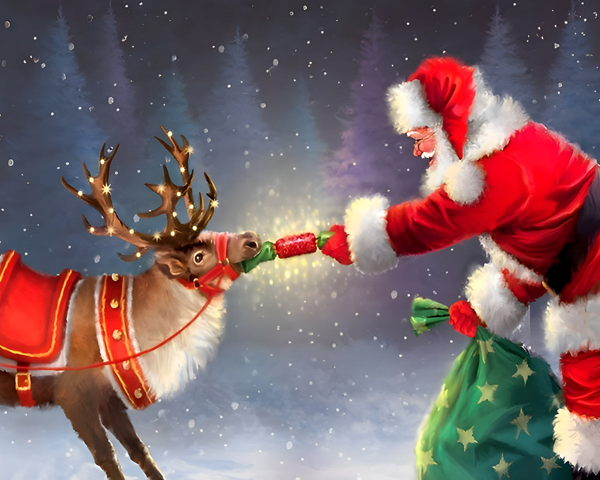 Santa feeding reindeer a treat cross stitch kit for beginners