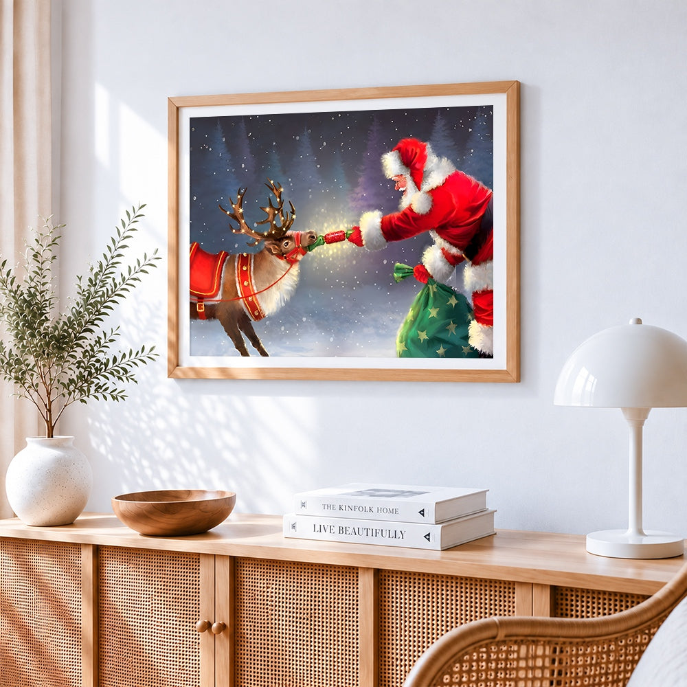Santa feeding reindeer a treat cross stitch artwork displayed on wall as home decor