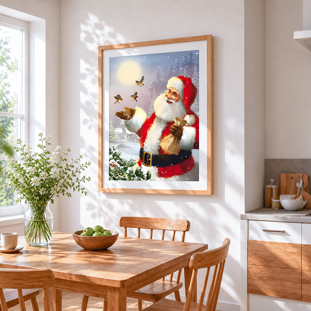 Santa feeding winter birds in the snow cross stitch artwork displayed on wall as home decor