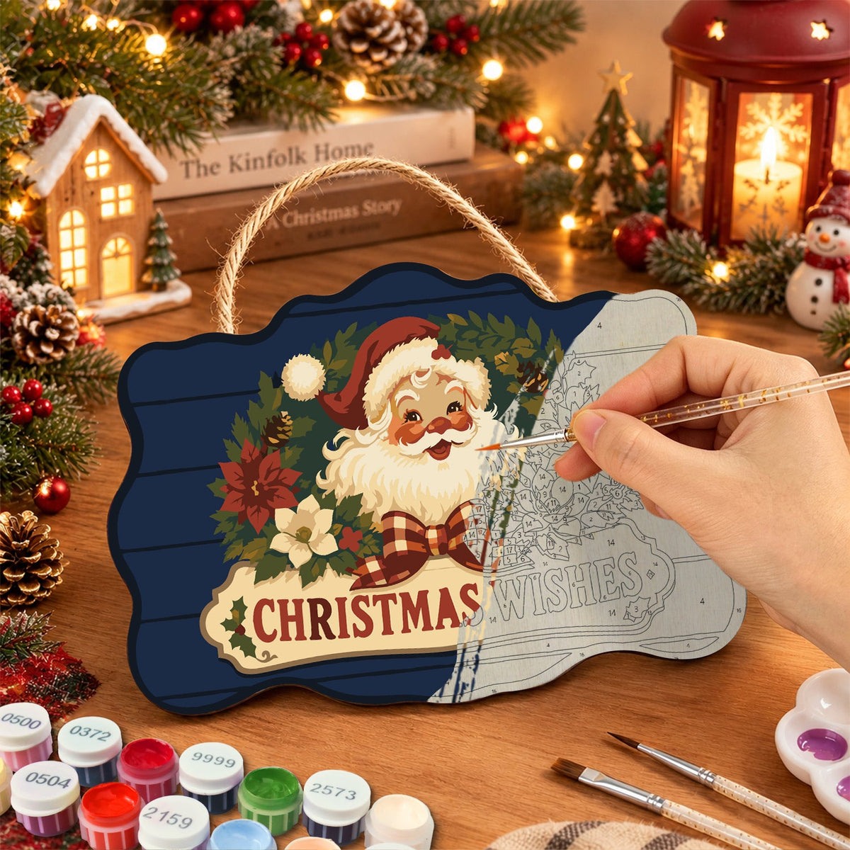 Santa floral wishes paint by numbers door hanger painting process