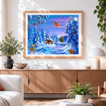 Finished santa flying over snowy village cross stitch artwork displayed