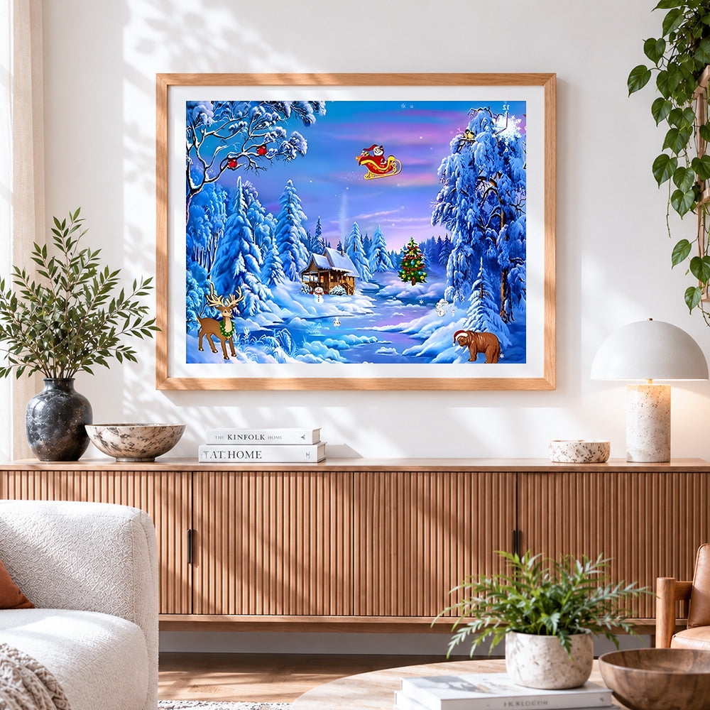 Finished santa flying over snowy village cross stitch artwork displayed