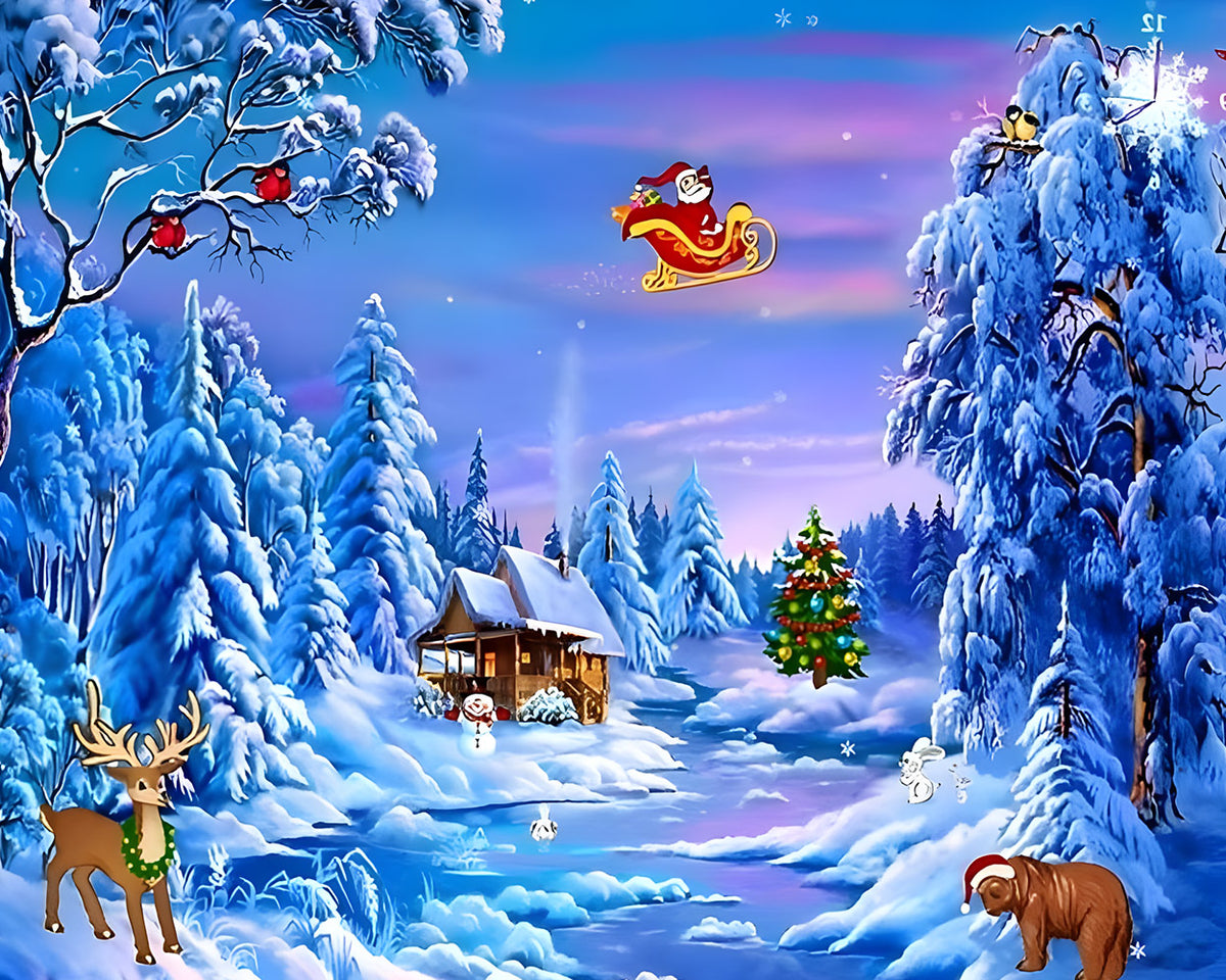 Santa flying over snowy village cross stitch kit for beginners