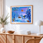 Santa flying over snowy village cross stitch artwork displayed on wall as home decor