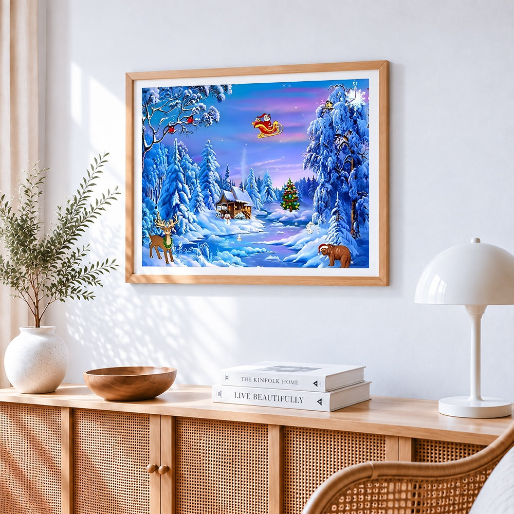 Santa flying over snowy village cross stitch artwork displayed on wall as home decor