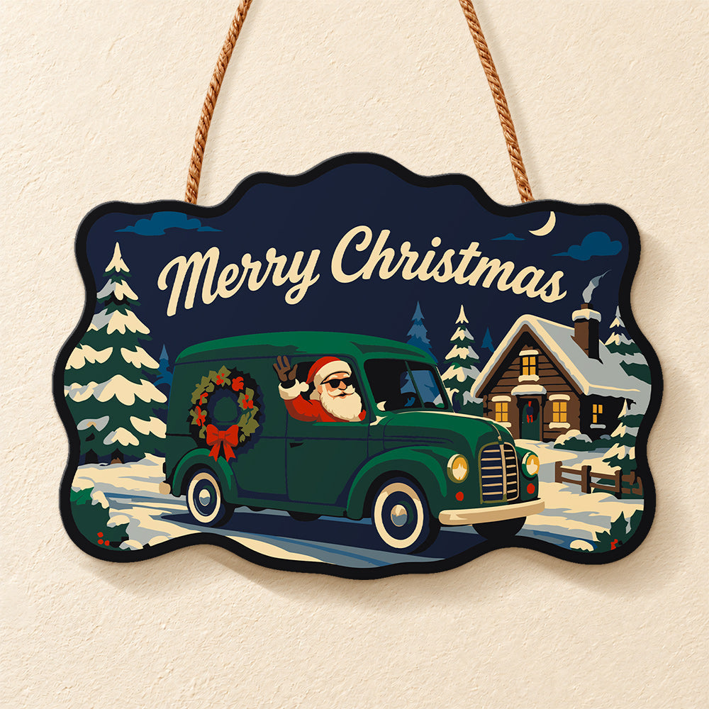Santa green delivery van paint by numbers door hanger finished design