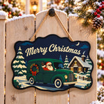 Santa green delivery van paint by numbers door hanger on a garden gate