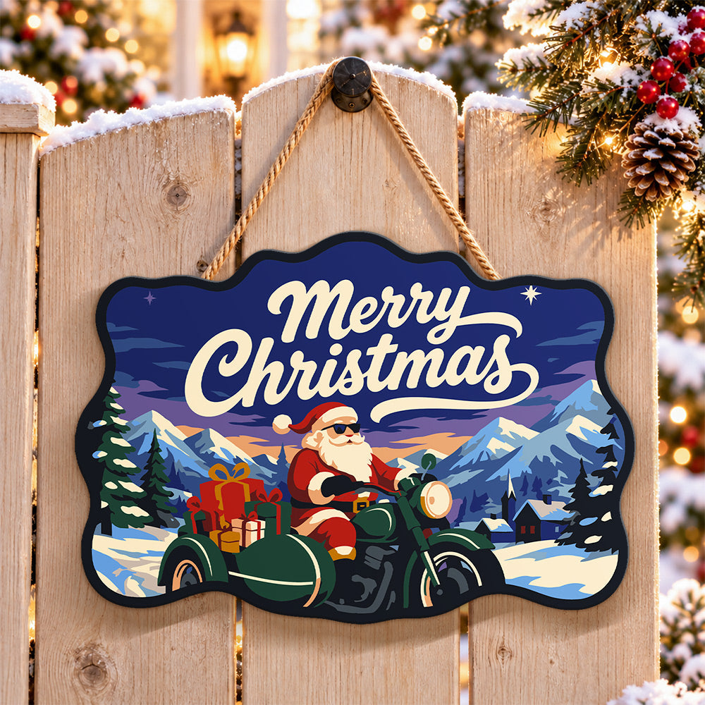 Santa green sidecar motorcycle paint by numbers door hanger on a garden gate