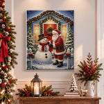 Finished santa greeting snowman pearl diamond painting artwork displayed as holiday home decor